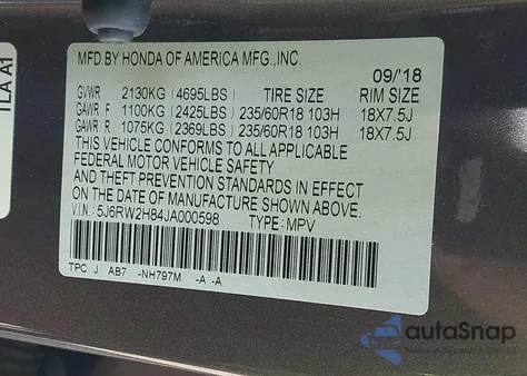 2018 Honda Cr-V Ex-L/Ex-L Navi из США, поврежденный, VIN 5J6RW2H84JA000598